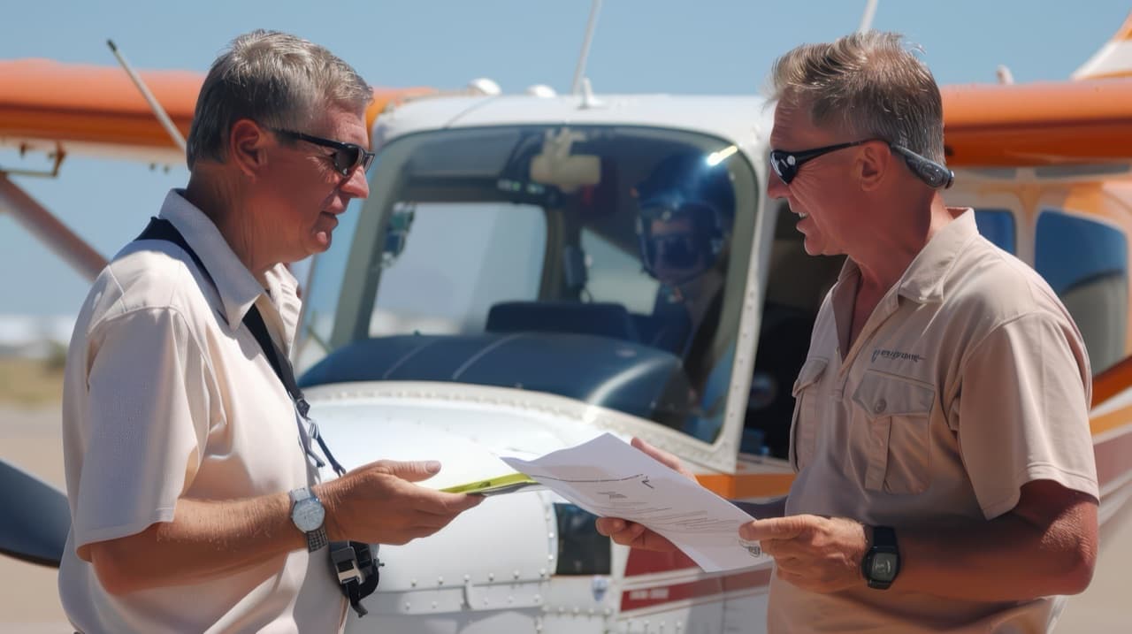Dos pilotos conversando junto a una avioneta revisando documentación de vuelo