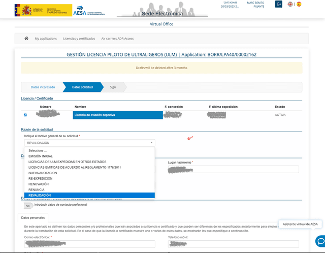 Selección de opción Revalidar - Licencia debe estar en vigor