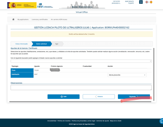 Pantalla de confirmación de datos ingresados