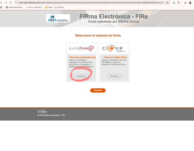 Pantalla de AUTOFIRMA para iniciar proceso