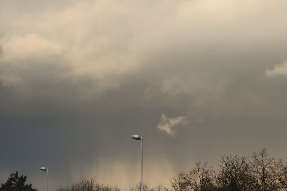 Nimboestratos: capa gris oscura y espesa con cortinas de lluvia sobre el horizonte.